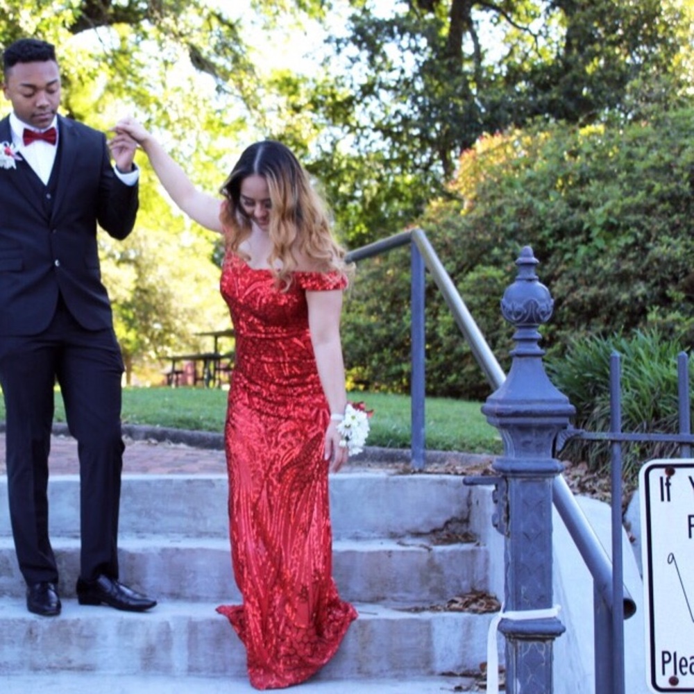 OFF THE SHOULDER RED SEQUINED DRESS